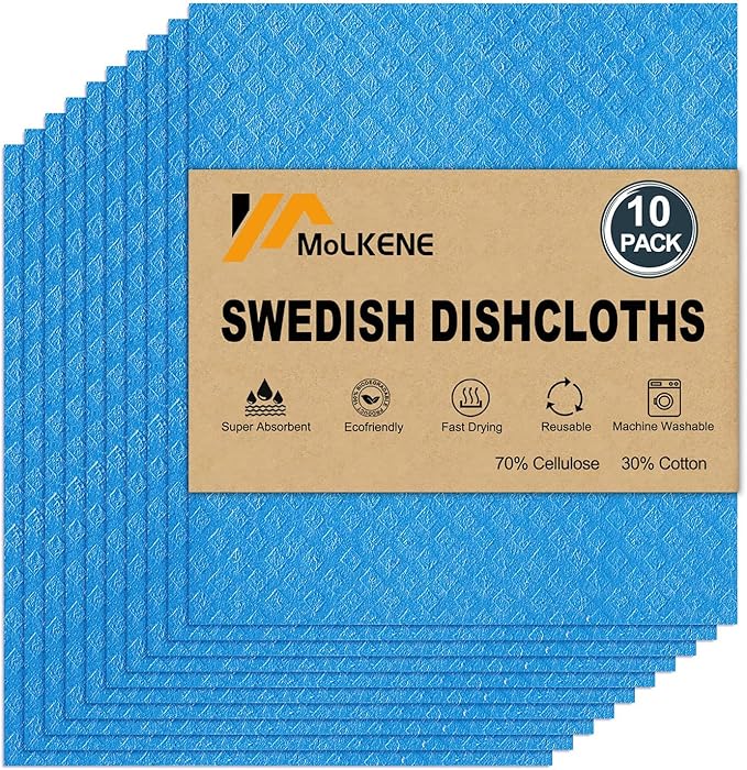 Swedish Dishcloths - 10 Pack Reusable Kitchen Dishcloths - Ultra Absorbent Dish Towels for Washing Dishes - Cellulose Sponge Cloth Cleaning Cloths - Blue