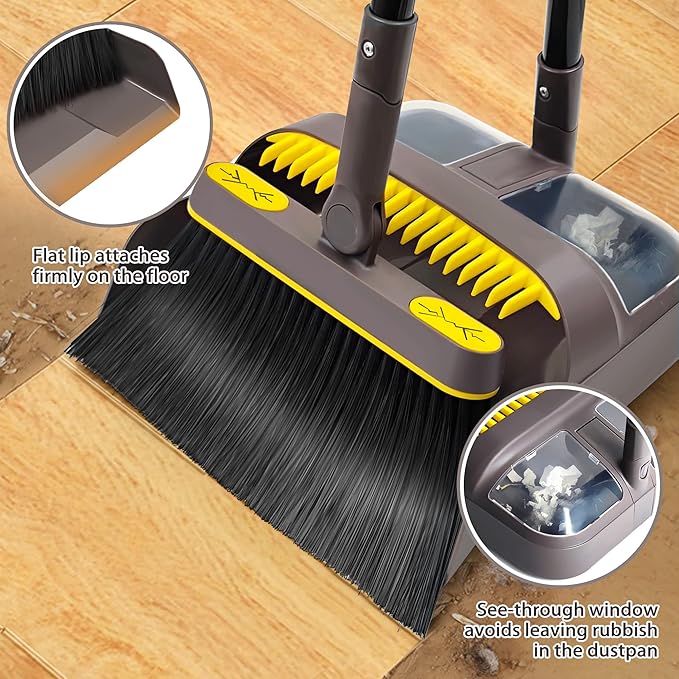 Broom and Dustpan Set for Home with 54 Inches Long Handle, Upright Stand Up Dust Pan with Teeth, 180 Degree Swivel Head Broom for Home Kitchen Lobby Room Office Floor Indoor Outdoor