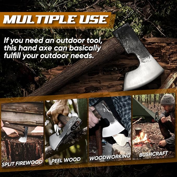 Dream Reach Hatchet Axe 14.5" Camping Hatchet with Sheath Bushcraft Axe with Carbonized Handle, Hand Forged Carving Axes, Splitting Hatchets for Chopping Wood, Gardening, for Men
