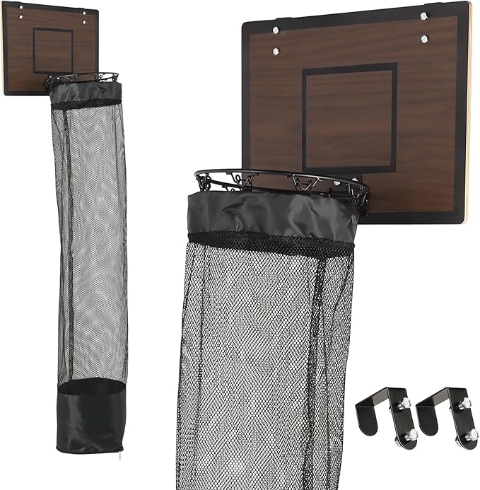 Over the Door Basketball Hoop Laundry Basket ,Wooden Basketball Laundry Hamper with Zipper for Kids Room,Dorm Rooms,Bathroom,Saving Space Storage and Organization (Dark Walnut)