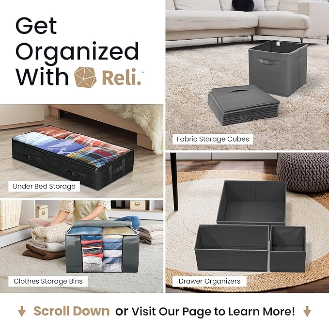 Reli. Sock Organizer (4 Pack) | 16+24 Cell Underwear Organizer | Drawer Dividers for Underwear, Socks, Ties, Belt | Foldable Fabric Storage Bins for Drawer, Closet, Dresser | 11.8 x 11.8 x 3.5 (Gray)