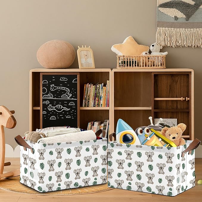 Cute Koala Storage Basket,Palm Leaf Collapsible Storage Bin Cubes for Living Room Bedroom Blankets Home Storage 17x11.5x10Inch