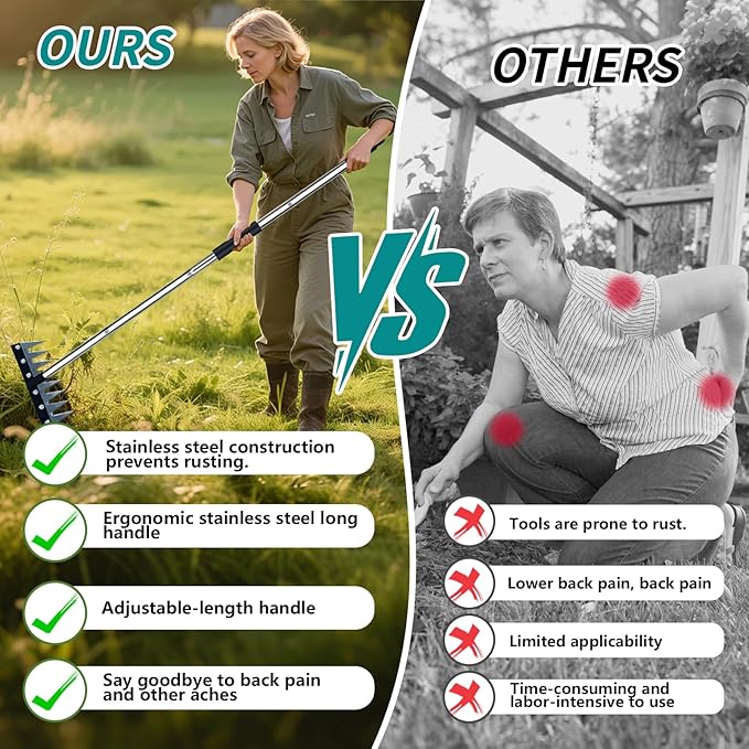 Stainless Steel Weeding Tool - 8 Tine Garden Rake with Adjustable Handle (31"-63"), Heavy Duty Weed Puller for Soil Cultivation, Rust-Resistant Garden Hand Tool