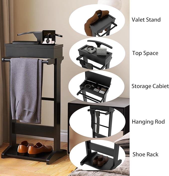 Mens Valet Stand with Top Tray Organizer, Shoe Shelf and Suit Rack, Wooden Clothes Valet Stand for Bedroom Entryway (Black)
