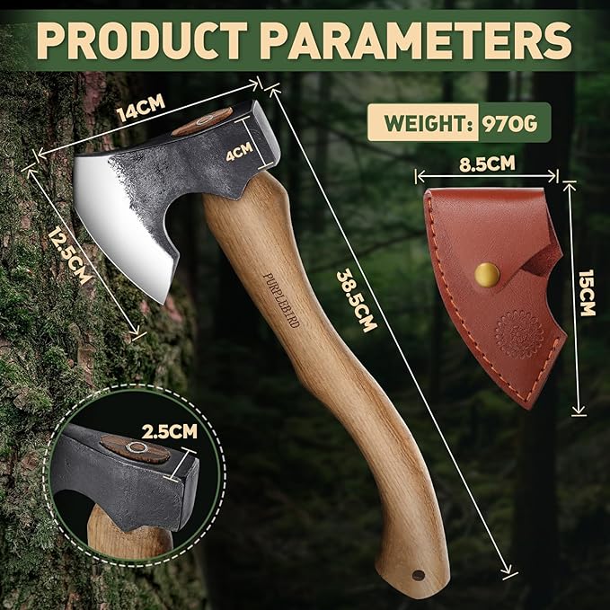 PURPLEBIRD Hatchet Axe with Sheath for Camping, 15 Inch Bushcraft Axe Carbon Steel Chopping Axes Wood Handle Splitting Axes, Hand-Forged Camping Hatchet for Carving Bushcraft Outdoor Forest Garden