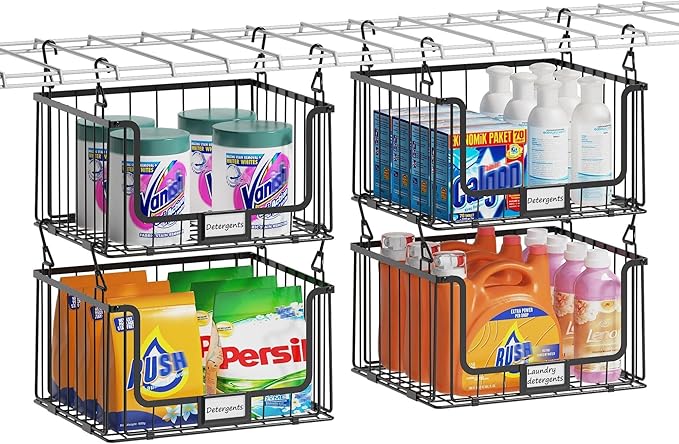 4-Tier Hanging Laundry Room Organizer with Label Cards,Foldable Wire Shelf Basket with 4 Rotating Hooks,Stacked Laundry Basket Organizer,Storage Rack for Laundry Rooms,Closet and Pantry-Black