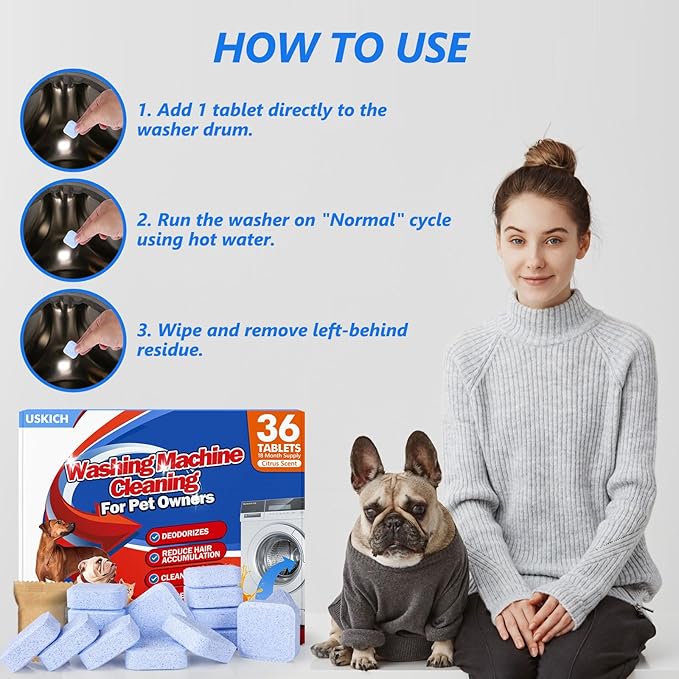 Washing Machine Cleaner-36Pack-18 Month Supply,Washer Machine Cleaner Tablets Formulated For Pet Owners,Easy Pet Hair Remover for Laundry,Compatible with HE, Top & Front Load Washer.Septic Safe