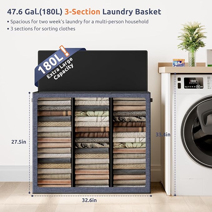 SOLEDI 180L 3-Section Laundry Hamper with Lid, Extra Large Dirty Clothes Basket with Sturdy Handles for Laundry Room & Bedroom - Durable Organizer for Sorting Laundry