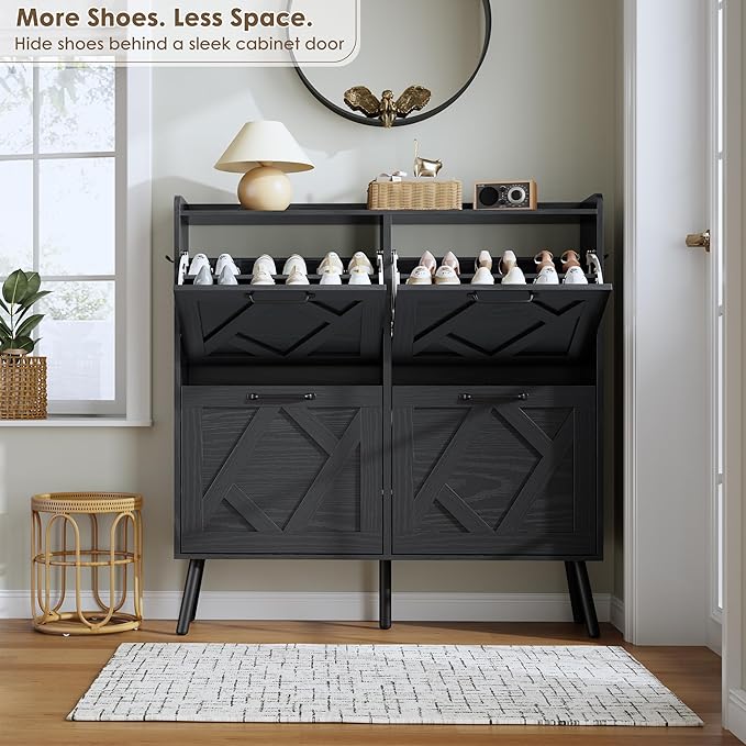 Nicetree Shoe Cabinet, Shoe Storage Cabinet for Entryway, Farmhouse Narrow Shoe Rack Cabinet with Metal Legs, Foyer, Hallway,4 Flip Drawers,Black