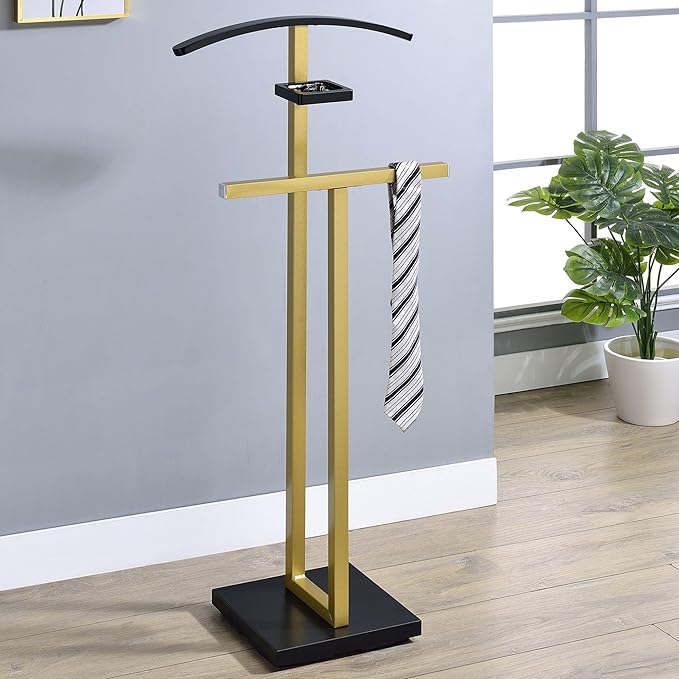 Kings Brand Furniture Vaccaro Metal Suit Valet Stand – Freestanding Clothes Organizer with Jacket Hanger, Pants Bar, Tie Holder & Storage Shelf – Modern Bedroom Garment Rack (Gold/Black)
