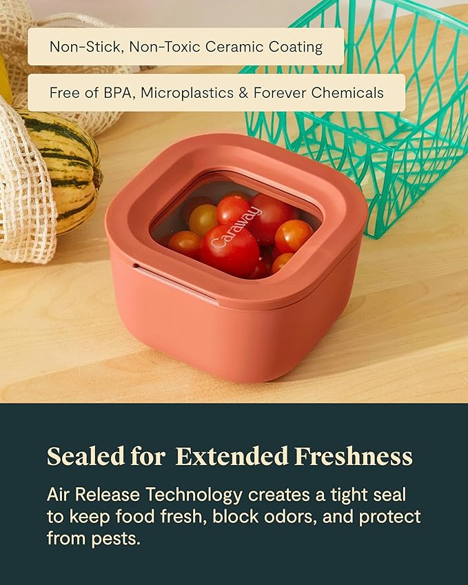 Caraway Mini Square Food Storage Container - 1.75 Cup Glass Storage Container for Food - Non-Toxic Ceramic-Coated Glass - Air Release Technology - Compact & Stackable Design - Mist