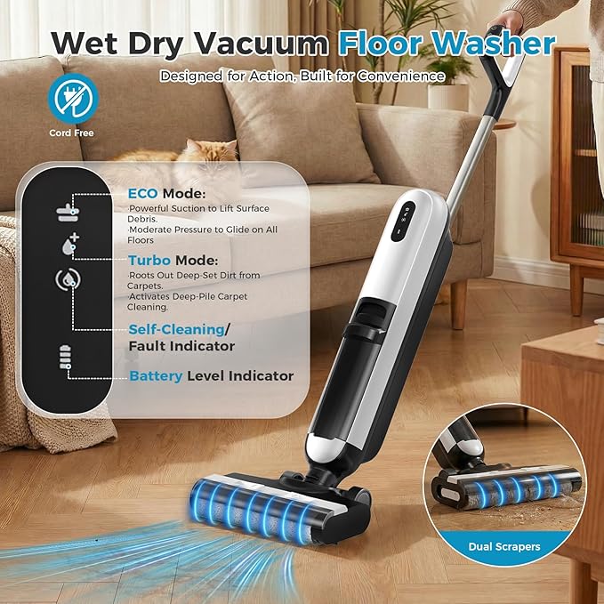 OLIXIS Wet Dry Vacuum Cleaner, Cordless All-in-One Vac Mops, Vacuum Mop with Self-Cleaning System, Dual Water Tank Design, Tangle-Free Brush, Dual-Edge Cleaning, 35-Min Runtime