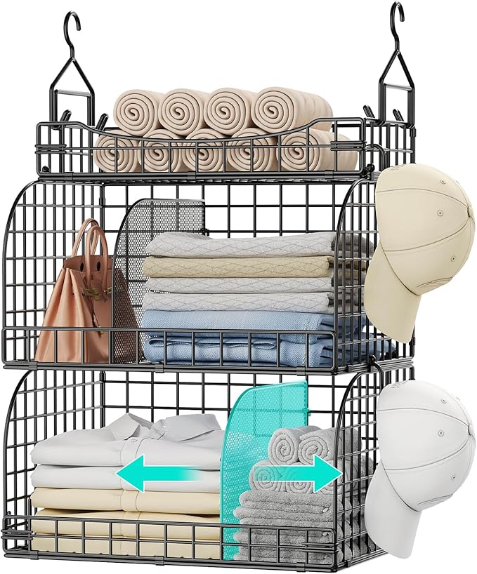 HapiRm Hanging Closet Organizer Storage - 3 Tier Metal Stackable Hanging Closet Shelves with Dividers and S Hooks, Foldable Clothes Shelves for Clothes, Pants, Shoes, Coat, Hats Clutches Accessories