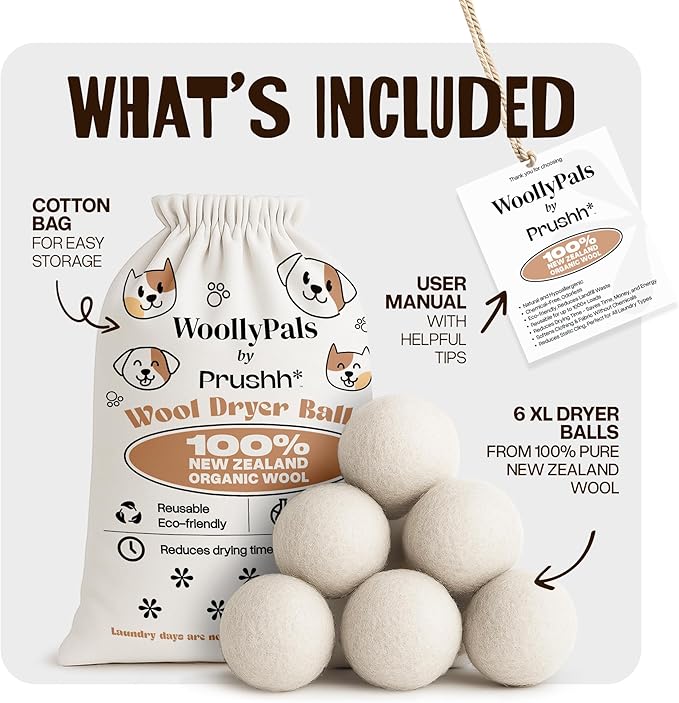 WoollyPals Dryer Balls (6-Pack, XL Size) - 100% New Zealand Wool - No More Dryer Sheets - Eco Dryer Balls - Reusable - Softens Laundry - Reduces Drying Time & Static - with Storage Bag (Plain White)