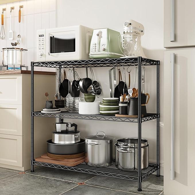 3- Shelf Metal Shelving Unit 35.6Wx14Dx36H,Adjustable Storage Shelves Heavy Duty Garage Steel Shelving for Office,Wire Rack Small Shelf for Kitchen Shelves Laundry Bathroom Pantry Closet Black,2pc