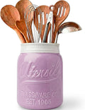 Comfify Wide Mouth Mason Jar Utensil Holder Decorative Kitchenware Organizer Crock, Dishwasher Safe - Kitchen Caddy Purple, Large Size 7" Hight