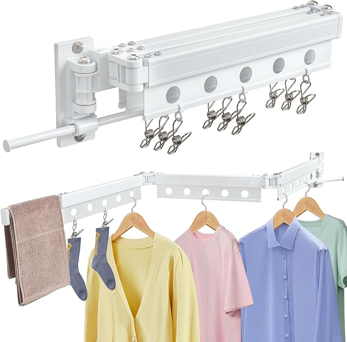 Clothes Drying Rack Wall Mounted, Retractable Space-Saving Aluminum Foldable Laundry Drying Rack for Indoor & Outdoor Use - Laundry Rooms, Bathroom & Balconies,Includes 10 Clothespins(White)
