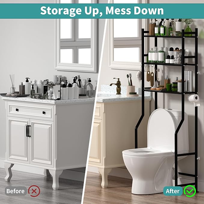 3-Tier Over The Toilet Storage Organizer, Space-Saving Bathroom Rack with Paper Holder & 4 Hooks, 64" Tall Freestanding Carbon Steel Shelf for Small Apartment Laundry Room (Black)