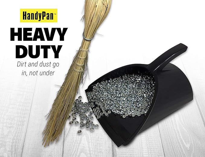 HandyPan Heavy Duty Dustpan, Black - Large Dust Pan Made in the USA with Tight Seal Lip to Keep Dust, Dirt, Debris In-Great for Home, Shop, Garage, Use-Stackable, Standing Dustpan for Wet or Dry Tasks