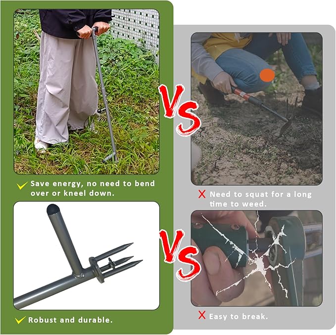 39"/42" Stand Up Weeder Hand Tool - Weed Puller Tool - Long Handle 3 Claws Manual Weeding Tool for Elderly & Gardeners - Stainless Steel Root Extractor Without Bending