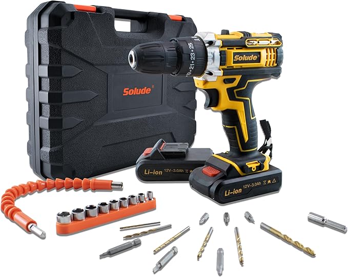 SOLUDE Cordless Drill,12V Power Drill Set with 2 Pack 3.0AH Li-ion Battery, 3/8” Keyless Chuck, 2 Variable Speed,25+1 Position and 23pcs Drill/Driver Bits