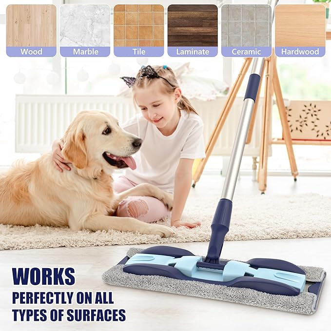 Microfiber Mops for Hardwood Floor Cleaning: MEXERRIS Flat Floor Mop with 4 Washable Pads 59" Adjustable Handle - Dust Dry Mop for Kitchen BathroomTile Laminate Wood Vinyl - Home Commercial Mops