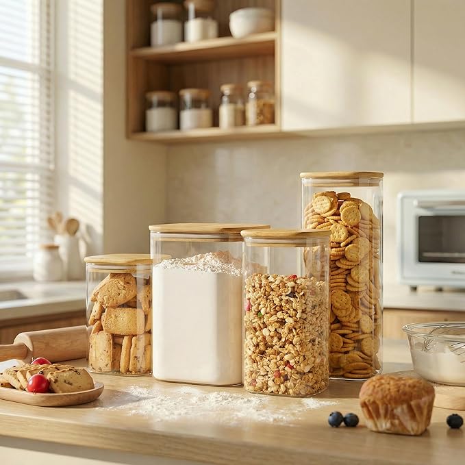 HomArtist Square Glass Jars with Bamboo Lids 30 FL OZ [Set of 6], Glass Canisters with Airtight Lid, Glass Food Storage Container for Pasta, Flour, Sugar, Rice, Best for Kitchen & Pantry