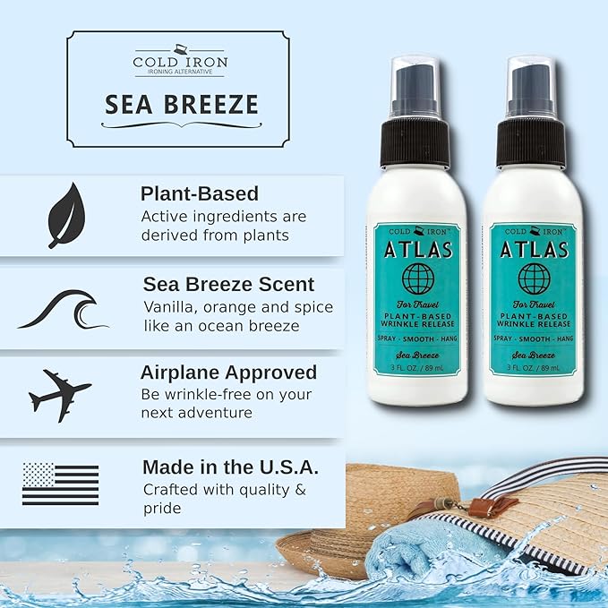 Cold Iron Wrinkle Release Spray for Clothes. Atlas Travel Size 3 fl oz/89 ml. Light Summery Scent. Ironing Alternative. Spray, Smooth, Hang.