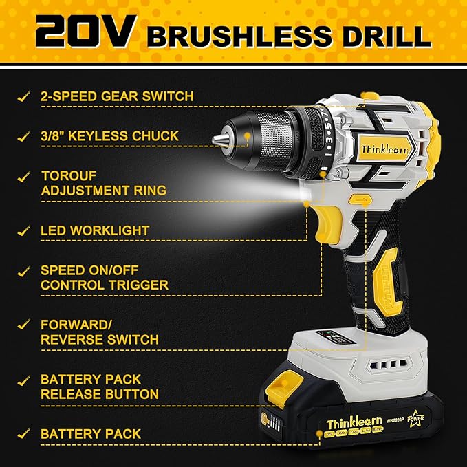 119 Pcs Cordless Drill Tool Kit Set; 20V Brushless Power Drill with 2.0Ah Battery, 10mm 3/8" Keyless Chuck, 60N.M & 21+1 Torque Setting Power Tool Set for DIY Garden House Office Repai