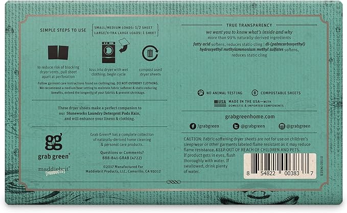Grab Green, Stoneworks, Dryer Sheets, 80 Compostable Sheets (Rain)