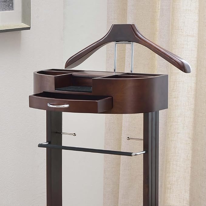 Proman Products - Crescent Moon Valet, Mens Valet Stand with Drawer, Top Tray, Contour Hanger, Trouser Bar, Belt Hooks & Shoe Rack, Accessory & Clothes Organizer (Mahogany)