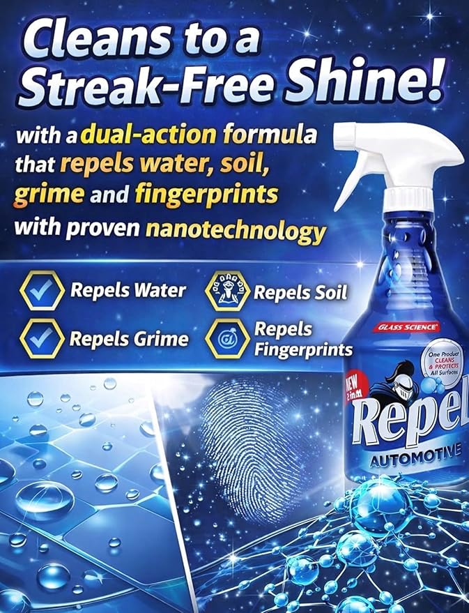 Repel Auto Glass Cleaner, Streak-Free with Protective Nano Barrier. Minerals, & Grime. Makes Glass Self-Cleaning. Safe & Non-Toxic - 32 oz