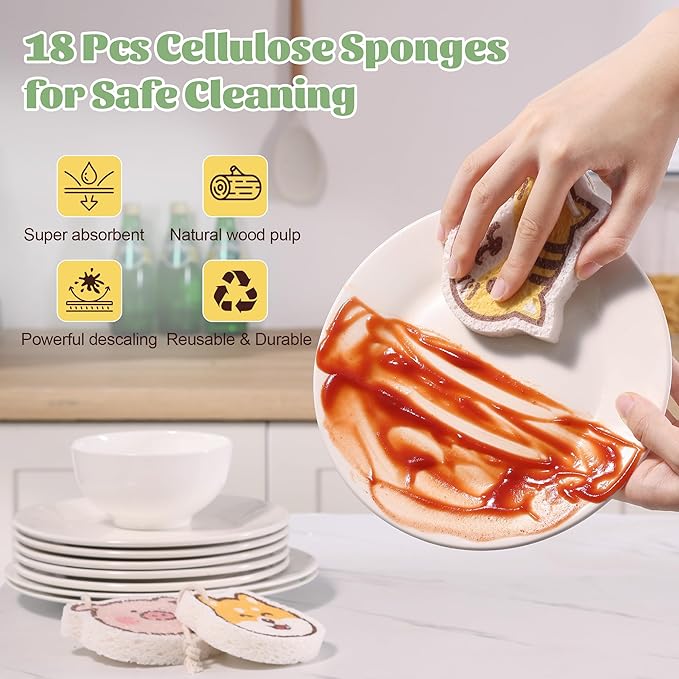 JOYMOOP Cartoon Kitchen Sponge, Non-Scratch Sponges for Dishes, Natural Cellulose Sponges for Cleaning, Reusable Sponge for Household Cleaning - 18 Pcs Mixed Pattern (Kitten, Doggy and Piggy)