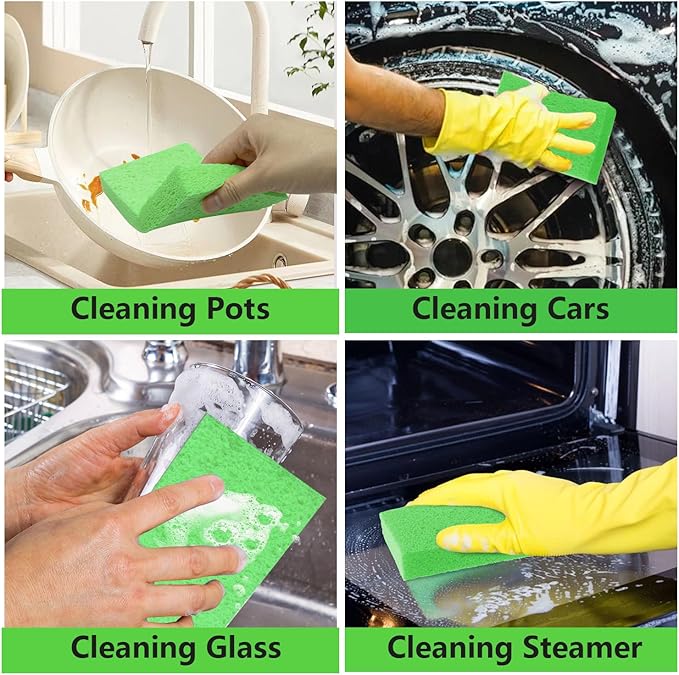 Cellulose Sponges, Large Size 4" x 6" x 1" - Heavy Duty Scrub Kitchen Sponge, Clean Tough Messes Without Scratching Kitchen Cleaning Pads, Pop Up Eco DIY (6 Pack), Green