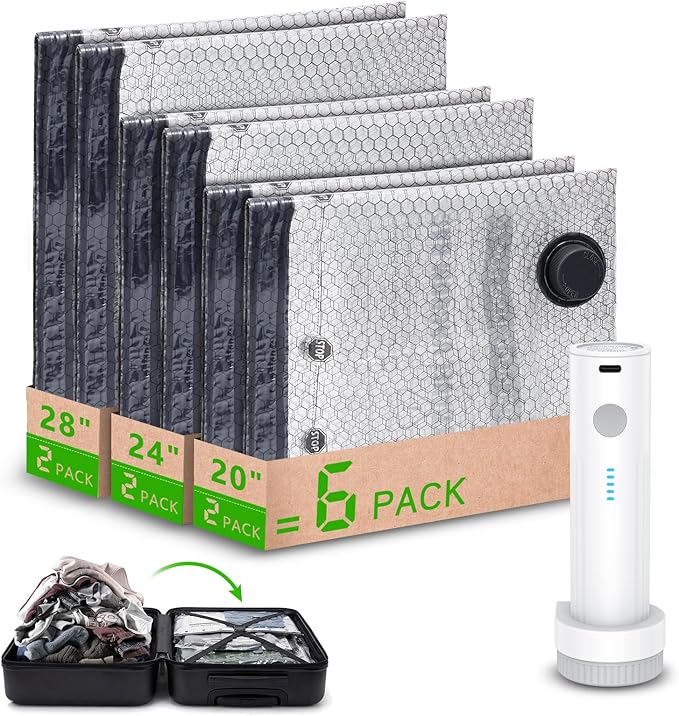 Travel Vacuum Storage Bags, Vacuum Seal Bags for Clothing with Rechargeable Air Pump, 6 Pack Combo Portable Space Saver Bags for Clothes, Luggage, Suitcase, Seasonal Storage, Travel