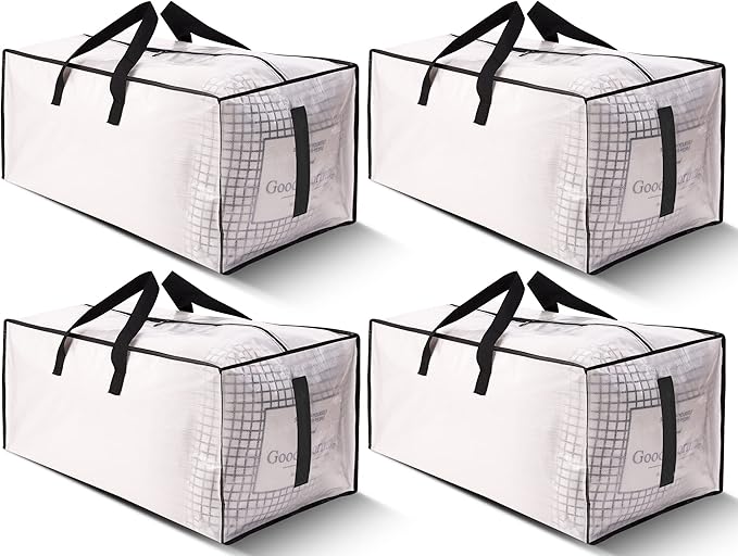 HOMESURE 4 Pack Large Strong Moving Bags with Zippers & Carrying Handles - Water-Resistant - Heavy Duty Storage Tote for Space Saving, Fold Flat, Alternative to Moving Box (Semi-Transparent)