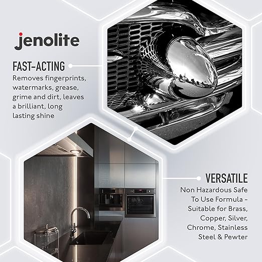 Jenolite Liquid Metal Polish 500 ml / 16.9 fl oz. Multi‑Purpose for Silver, Brass & Copper Cleaner for Chrome, Stainless Steel & Pewter. Industrial Strength, Made in Britain.