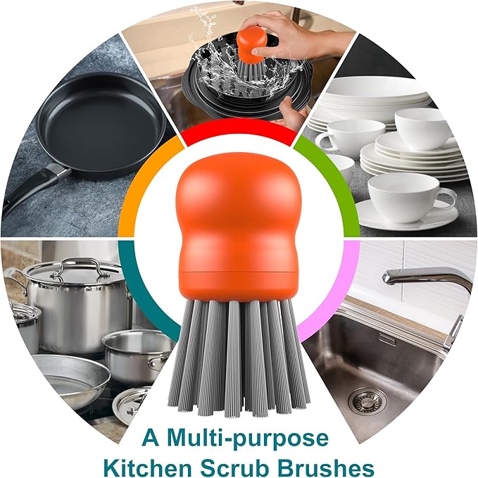 Mini Dish Brush for Cleaning Chicken Shredder, Palm Brush Dish Scrubber with Ergonomic Grip, Kitchen Brush for Washing Dishes, Pans, Pots, Sink (1, Orange)