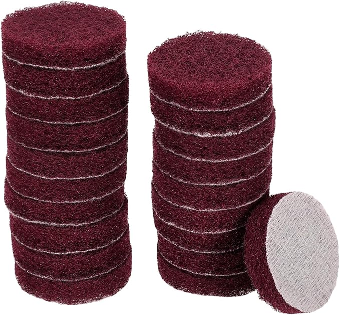 HARFINGTON 20pcs Scrubber Scouring Pads 400 Grits 2 Inch Drill Power Brush Hoop and Loop Surface Conditioning Disc Drill Scuffing Disc Scrub Pads for Home Kitchen Cleaning, Red