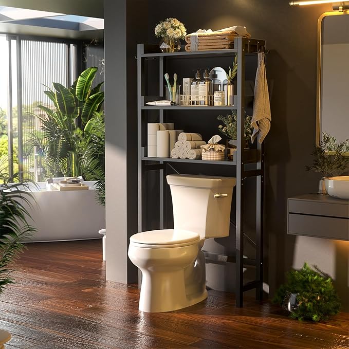Besiost Over The Toilet Storage Rack - 3 Tier Bathroom Organizer with Shelves, Freestanding Space Saver Storage Rack Above Toilet Stand with 4 Hooks for Restroom, Laundry, Black