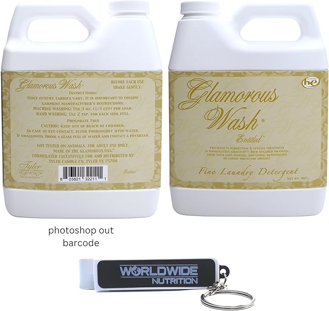 Worldwide Nutrition Bundle: Tyler Candle Company Glamorous Wash Entitled Laundry Detergent - Luxury Liquid Laundry Detergent - 32 oz (907 g) Entitled Detergent and Multi-Purpose Key Chain