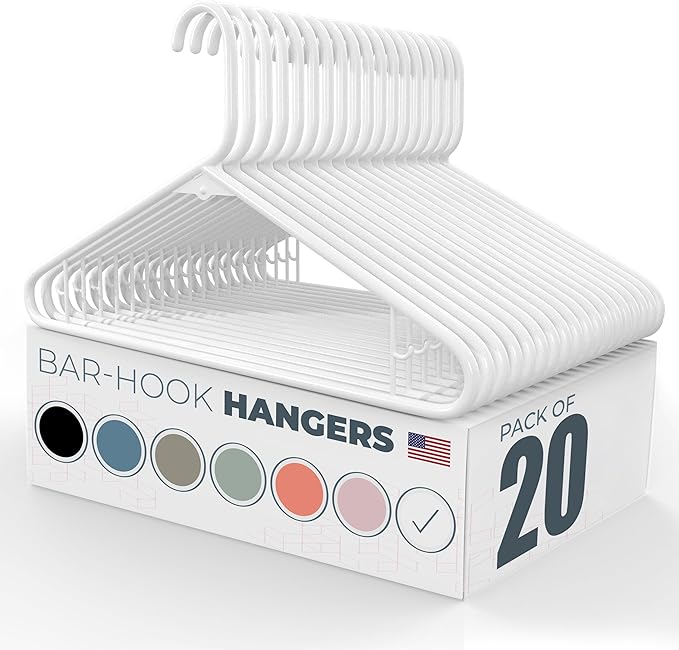 Neaties Plastic Hangers 20 Pack – Made in The USA – 6lb Capacity Standard Clothes Hangers with Strap Hooks for Dresses, Lingerie, Shirts, Pants, and Jackets – White