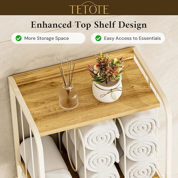 TETOTE 5-Tier Bathroom Towel Rack Metal Towel Storage Organizer M-Shaped Detachable Dividers Towel Holder for Pool, Laundry, White