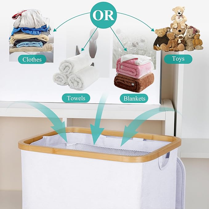 iEGrow 110L Laundry Hamper with Lid，Dirty Clothes Hampers for Laundry,Laundry Basket with Bamboo Handles and Removable Bag,Hamper for Bedroom, Bathroom, Dorm, Laundry Room, White