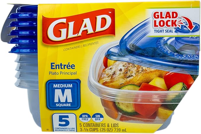 Glad GladWare Entree Food Storage Containers with Lids, Medium Square BPA Free Plastic for Meal Prep and Lunches, Lock Tight Seal, Microwave and Dishwasher Safe, 25 Oz, 5 Count - 6 Pack