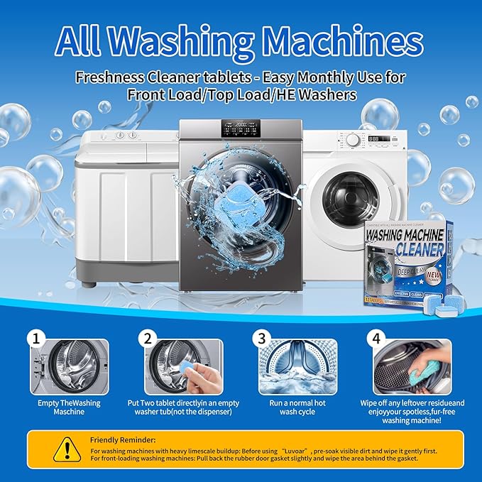Washing Machine Cleaner Tablets - Deep Cleans & Descaler for Front Load and Top Load Washers, HE Compatible, 24 Pack