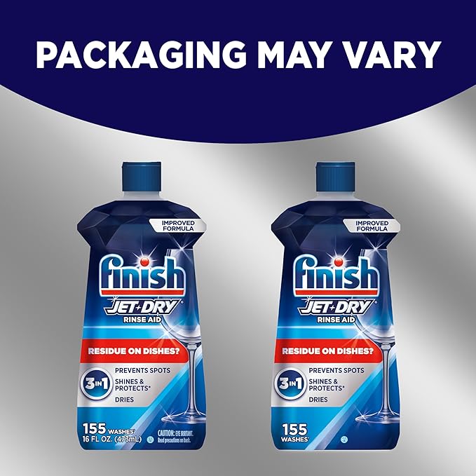 Finish Jet-Dry Dishwasher Rinse Aid, Compatible with Dishwasher Detergent, Prevents Spots & Residues, Dries, Shine & Protects, 16 oz, 155 Washes.