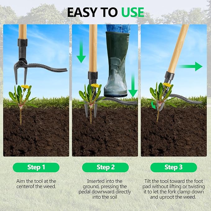 BellaJoyz Weed Puller, Stand-Up Weed Puller Tool with Long Handle & 4-Claw Steel Head, 3-Sectioal Pole Design, Garden Hand Weeding Tool - Easily Remove Weeds Without Bending, Pulling,or Kneeling
