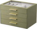 Jewelry Box Organizer Case for Women: 4-Layer Jewelry Storage Case with Glass Window, Olive Green Leather with Cream Velvet, Holder for Ring Necklace Bracelet Brooch Watch, Great Gift for Her