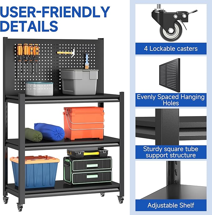 48" Adjustable Workbench with Pegboard,Heavy Duty Steel Work Bench with Lockable Wheels,Metal Rolling Work Table,3-Tier Metal Tool Storage Bench for Garage,Warehouse,Workshop, Home,Basement